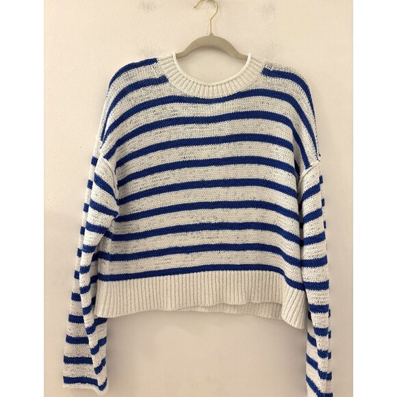J.Crew Blue and White Textured Tie back Oversized Slouchy Sweater Size Medium - Picture 1 of 4